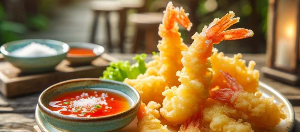 photo de beignets de crevettes tempura sur une table en plain air avec de la sauce aigre douce